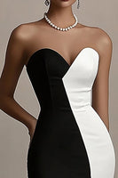 Load image into Gallery viewer, Black and White Satin Sheath Strapless Long Evening Dress with Slit