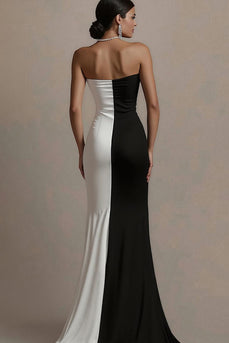 Black and White Satin Sheath Strapless Long Evening Dress with Slit
