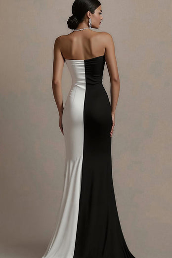 Black and White Satin Sheath Strapless Long Evening Dress with Slit