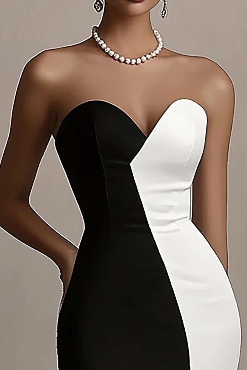 Load image into Gallery viewer, Black and White Strapless Satin Long Evening Dress with Slit
