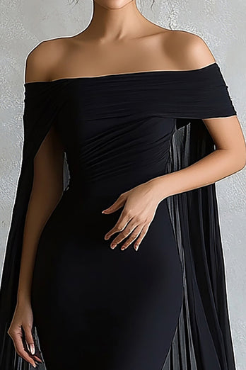 Black Mermaid Satin Off the Shoulder Long Evening Dress