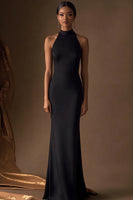 Load image into Gallery viewer, Black Sheath Satin Halter Long Evening Dress