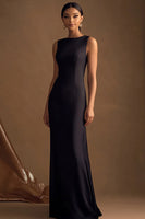 Load image into Gallery viewer, Simple Black Satin Long Sheath Evening Dress