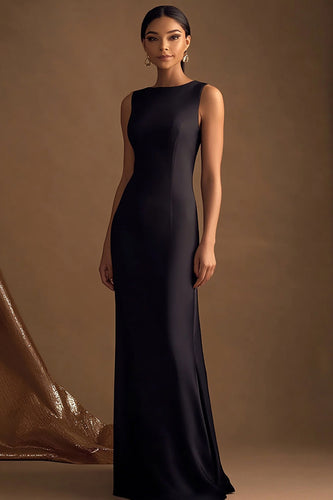 Simple Black Satin Long Sheath Evening Dress