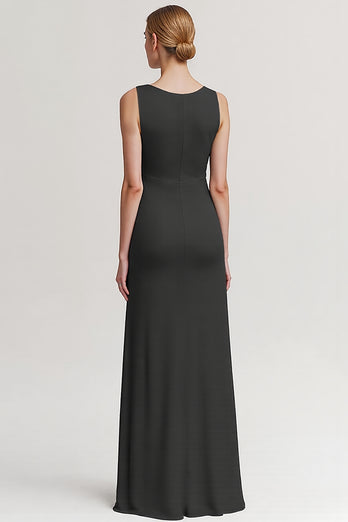 Black V Neck Sheath Long Evening Dress with Ruffles