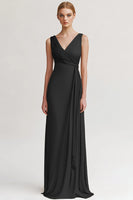 Load image into Gallery viewer, Black V Neck Sheath Long Evening Dress with Ruffles