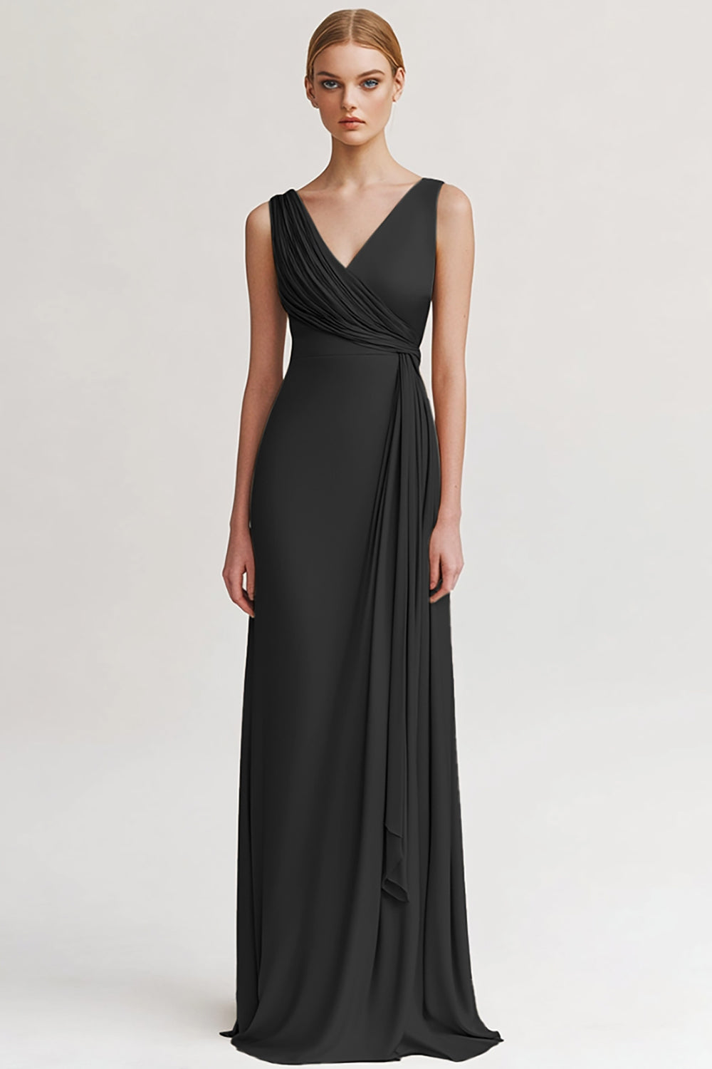 Black V Neck Sheath Long Evening Dress with Ruffles