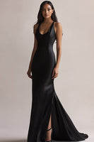 Load image into Gallery viewer, Black Satin Mermaid Long Evening Dress with Slit