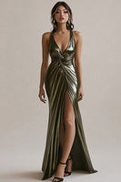 Load image into Gallery viewer, Olive Metallic Mermaid Long Evening Dress with Slit