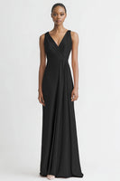 Load image into Gallery viewer, Black Satin A Line Ruched V Neck Long Evening Dress