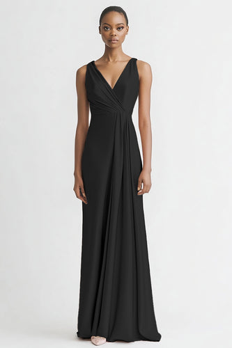 Black Satin A Line Ruched V Neck Long Evening Dress