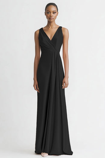 Black Satin A Line Ruched V Neck Long Evening Dress