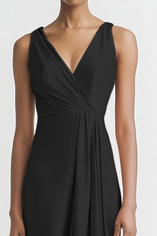 Black Satin A Line Ruched V Neck Long Evening Dress