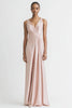 Load image into Gallery viewer, Black Satin A Line Ruched V Neck Long Evening Dress