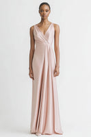 Load image into Gallery viewer, Black Satin A Line Ruched V Neck Long Evening Dress