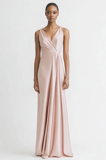 Black Satin A Line Ruched V Neck Long Evening Dress