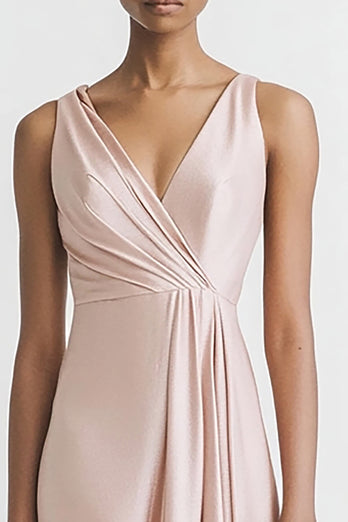 Black Satin A Line Ruched V Neck Long Evening Dress