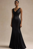 Load image into Gallery viewer, Black Satin V Neck Long Mermaid Evening Dress
