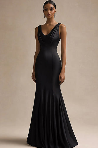 Black Satin V Neck Long Mermaid Evening Dress