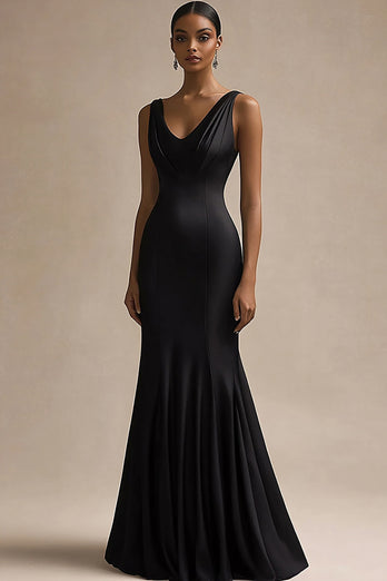 Black Satin V Neck Long Mermaid Evening Dress