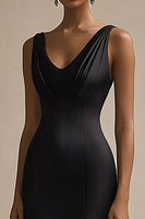 Load image into Gallery viewer, Black Satin V Neck Long Mermaid Evening Dress
