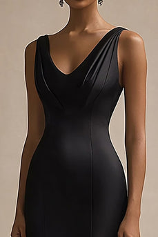 Black Satin V Neck Long Mermaid Evening Dress