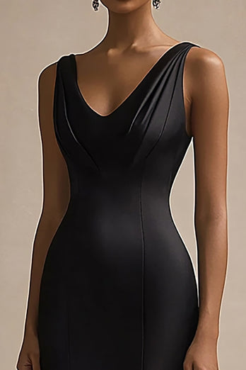 Black Satin V Neck Long Mermaid Evening Dress