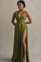 Load image into Gallery viewer, Martini Satin V Neck A Line Long Evening Dress with Slit