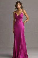 Load image into Gallery viewer, Fuchsia Satin Sheath Spaghetti Straps Long Evening Dress
