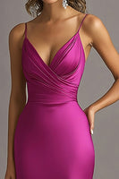 Load image into Gallery viewer, Fuchsia Satin Sheath Spaghetti Straps Long Evening Dress
