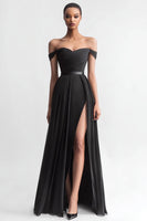Load image into Gallery viewer, Black A Line Off the Shoulder Long Evening Dress with Slit