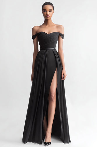 Black A Line Off the Shoulder Long Evening Dress with Slit
