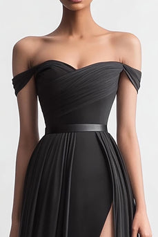 Black A Line Off the Shoulder Long Evening Dress with Slit