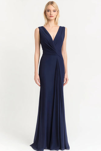 Navy Sheath Satin Long Pleated Evening Dress