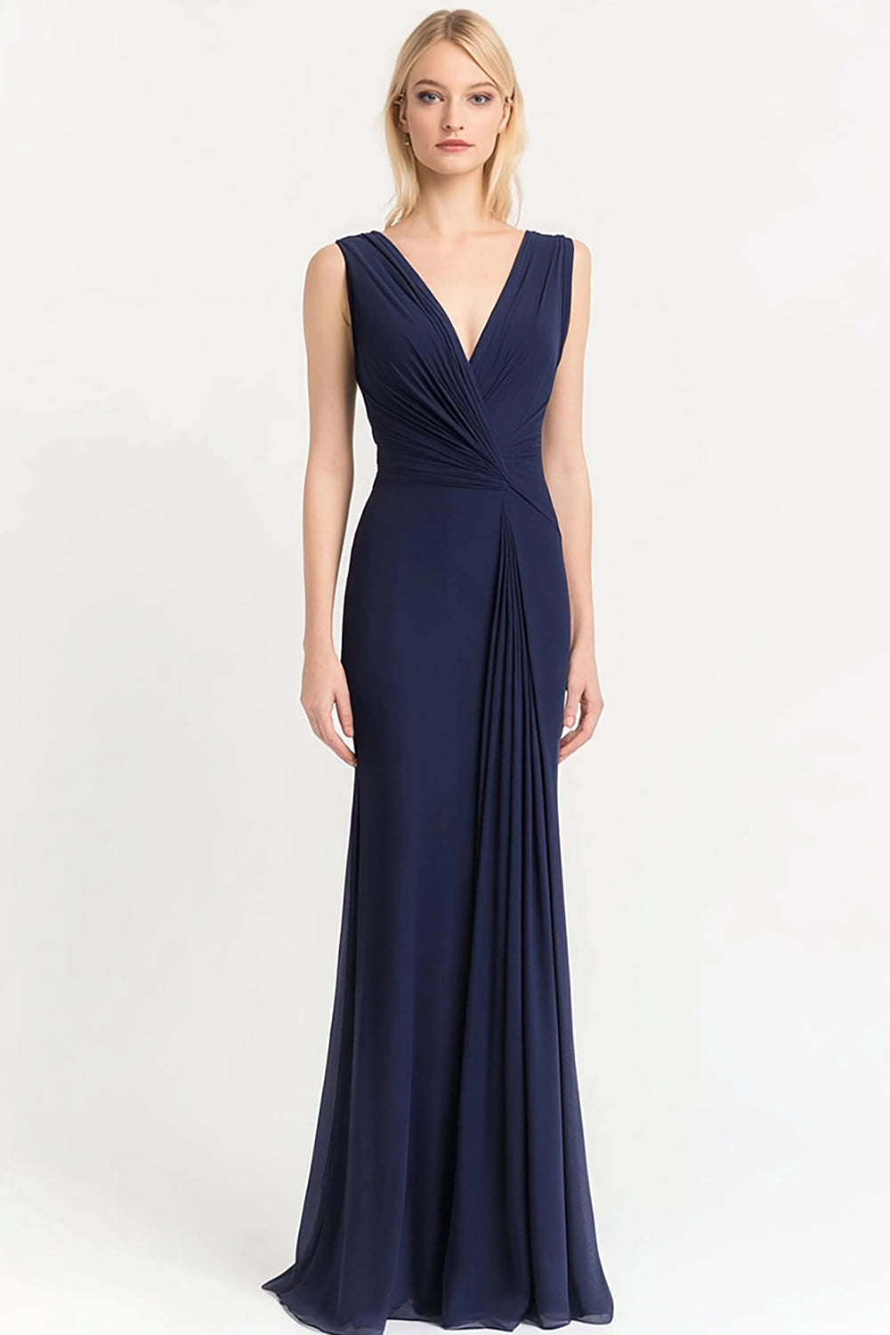 Navy Sheath Satin Long Pleated Evening Dress
