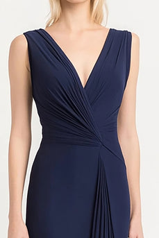 Navy Sheath Satin Long Pleated Evening Dress