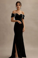 Load image into Gallery viewer, Black Off the Shoulder Satin Long Evening Dress with Slit