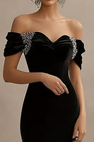 Load image into Gallery viewer, Black Off the Shoulder Satin Long Evening Dress with Slit
