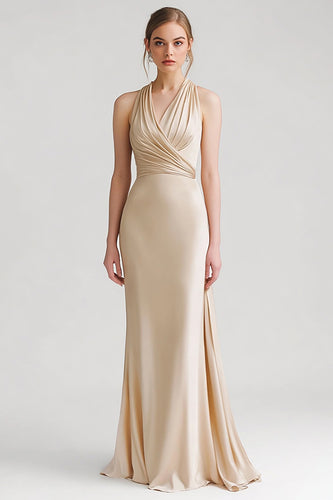 Champagne Satin Sheath V Neck Long Evening Dress