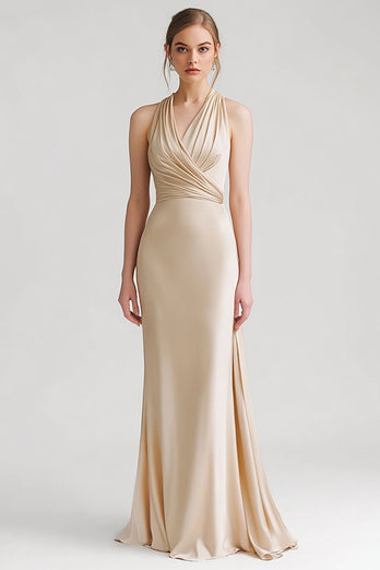 Champagne Satin Sheath V Neck Long Evening Dress