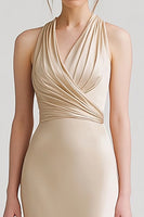 Load image into Gallery viewer, Champagne Satin Sheath V Neck Long Evening Dress