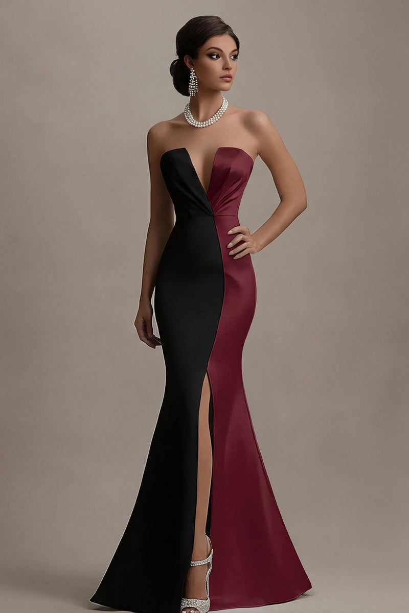 Load image into Gallery viewer, Black and White Mermaid Satin Long Evening Dress with Slit