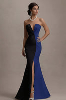 Load image into Gallery viewer, Black and White Mermaid Satin Long Evening Dress with Slit