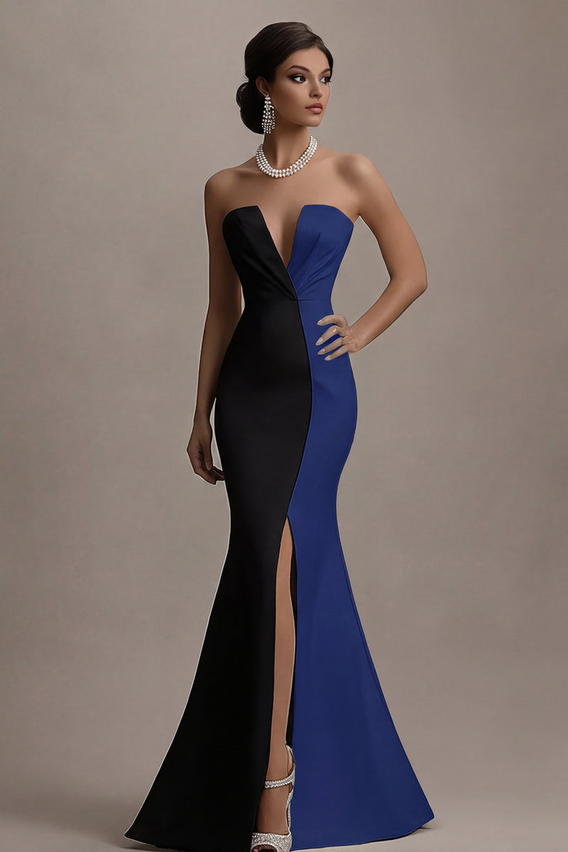 Load image into Gallery viewer, Black and White Mermaid Satin Long Evening Dress with Slit