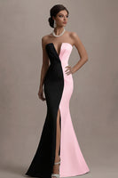Load image into Gallery viewer, Black and White Mermaid Satin Long Evening Dress with Slit