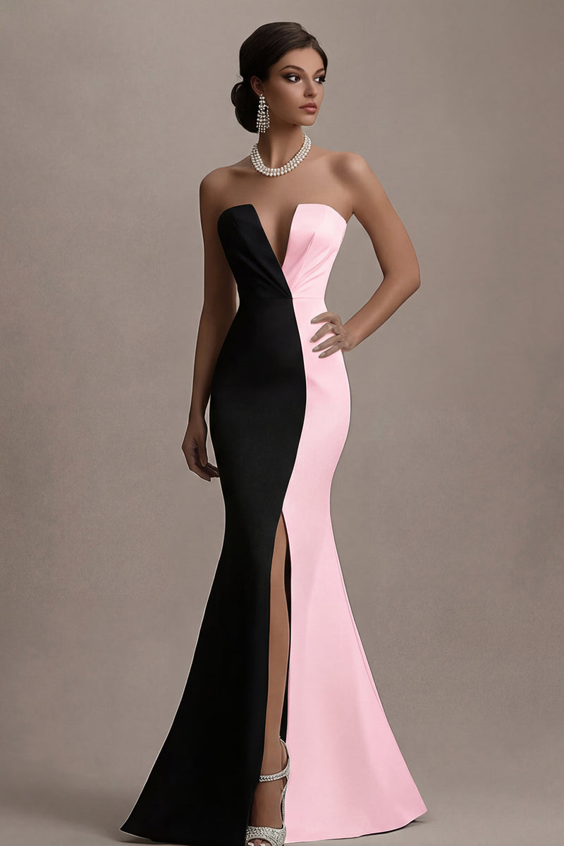 Load image into Gallery viewer, Black and White Mermaid Satin Long Evening Dress with Slit