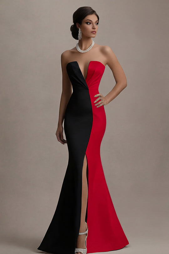 Black and Red Mermaid Satin Long Evening Dress with Slit