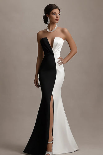 Black and White Mermaid Satin Long Evening Dress with Slit