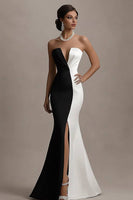Load image into Gallery viewer, Black and White Mermaid Satin Long Evening Dress with Slit
