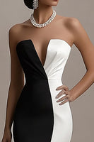Load image into Gallery viewer, Black and White Mermaid Satin Long Evening Dress with Slit